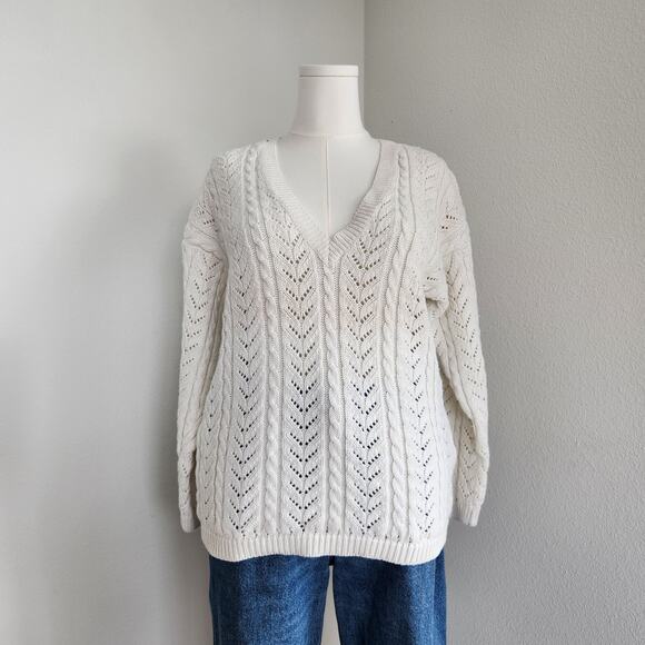 Vintage 90s GAP White Cable Knit Ramie Cotton V-Neck Sweater Pullover M - Picture 2 of 9